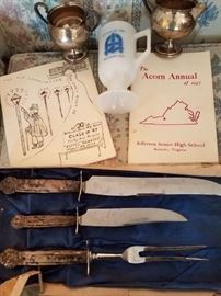 Jefferson High booklets, Andrew Lewis 1950 class  mug ,sterling cream & sugar, Sterling carving set.