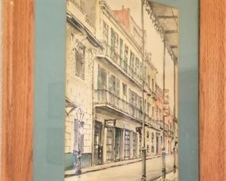 Original watercolor (French Quarter scene) by listed artist Hubert Hanush.