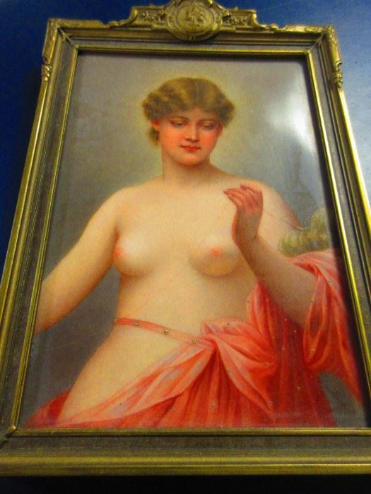 Late 19th early 20th century porcelain plaque of Klothe, goddess of sewing