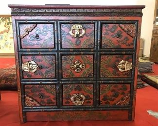 Tibetan style cabinet with drawers, gorgeous painting and carving.  