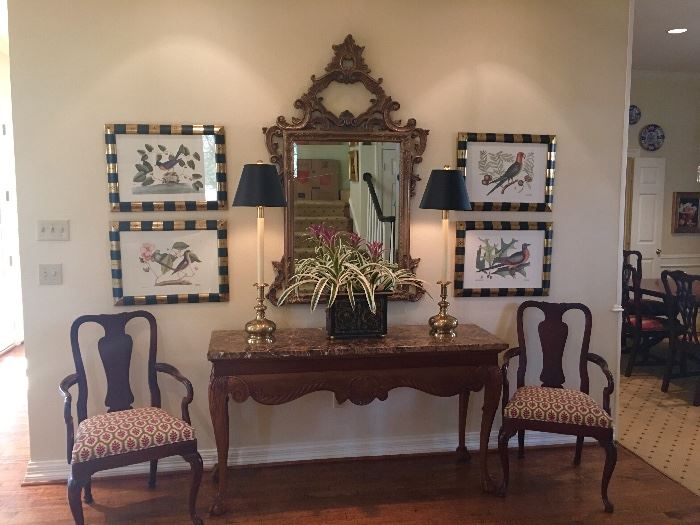 Gorgeous Gilded Mirror, Set of Bird Prints, Lamps & Console