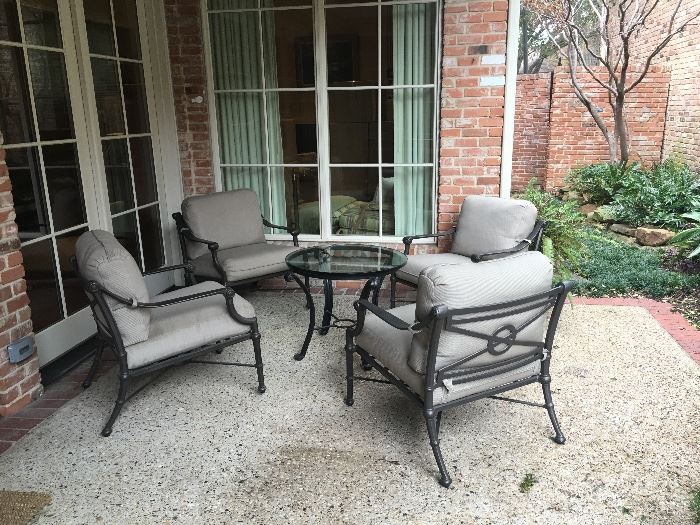 Custom Made Fantastic Set of Four Outdoor / Patio Chairs and Glass Top Accent Table