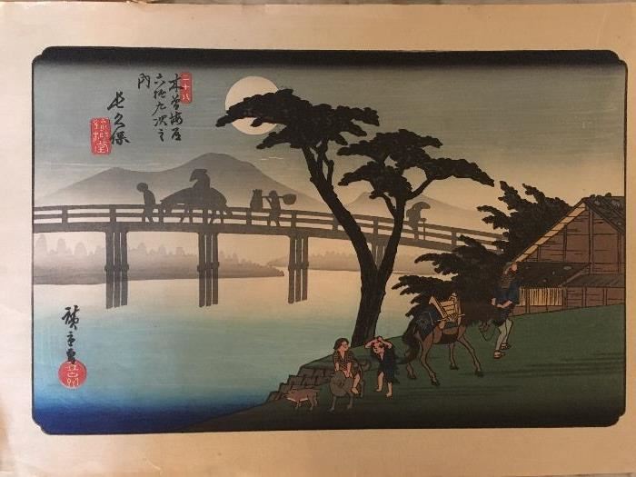 Japanese Woodblock (Hiroshige) - "Man on Horseback Crossing Bridge" - The Sixty Nine Stations of the Kiso Kaido Collection