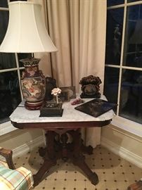 Eastlake Marble Top Table & Jar Lamps