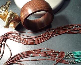 Horse cuff and wood bangle, SW heshi and turquoise necklace.
