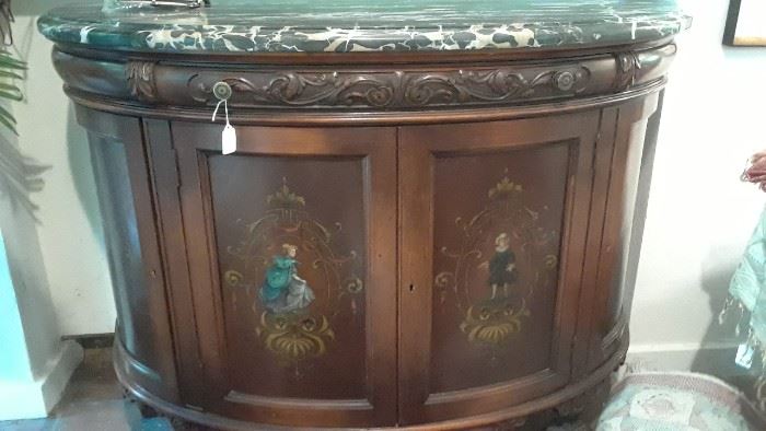 Demilune chest with hand painted figures and marble top