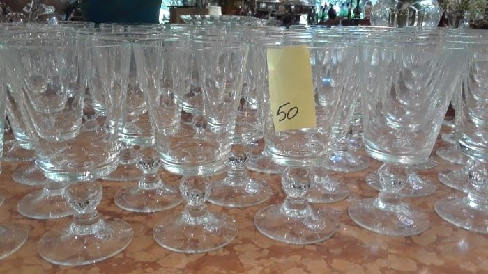 50 water goblets. Three styles available: champagne, water, and wine. Enough of each for a large gathering.