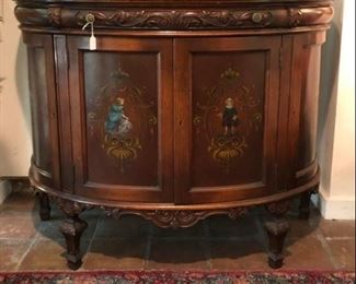 Demilune chest with hand painted figures and marble top