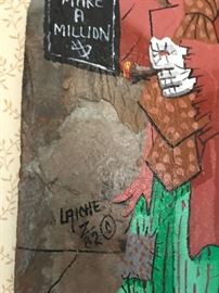#5	Laiche Z 72 clown on slate on Bourbon St painting  "1001 ways to make million" 8x16	 $60.00 
