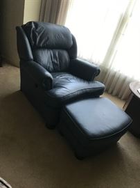 #35	Handcock &Moore blue leather chair that reclines and ottoman nail head front 	 $400.00 
