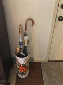 #40	orange white  painted 18 inches tall umbrella stand porcelain 	 $60.00 
