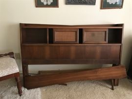 #54	full size mid century bookcase bedframe as is leg to foot board needs screws  	 $75.00 
