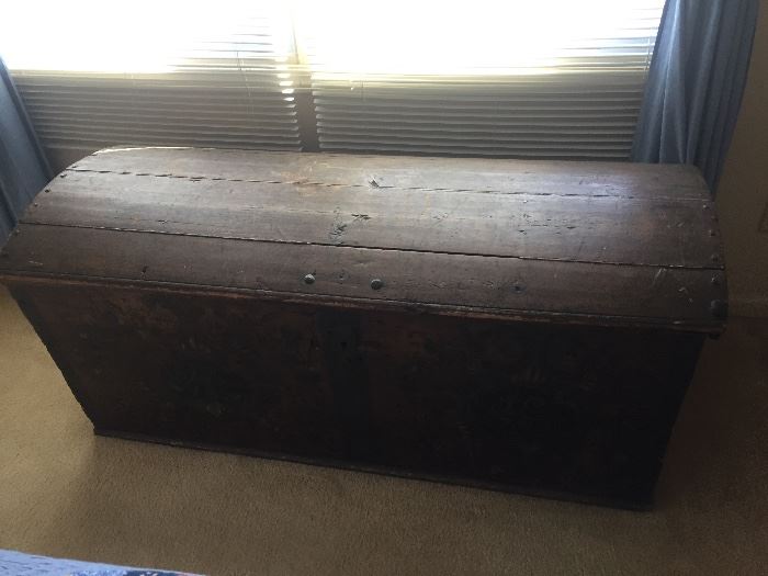   Antique primitive nine 1839 trunk hand painted with goats blood $1,835