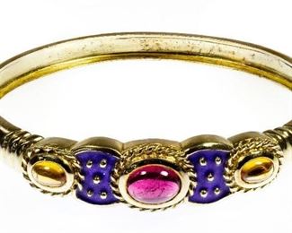 14k Gold Semi Precious Gemstone and Enamel Hinged Bangle Bracelet