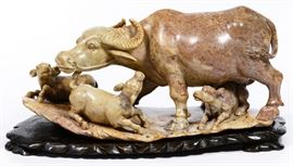 Chinese Carved Soapstone Water Buffalo with Calves Figurine