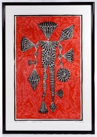 John Buck American b.1946 Man With Horses Woodcut on Paper