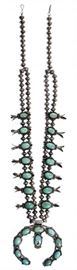 Native American Navajo Sterling Silver and Turquoise Squash Blossom Necklace