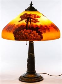 Pittsburgh Reverse Painted Lamp Shade on Table Lamp