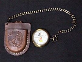 Mickey Mouse Pocket Watch With Chain And Leather Case