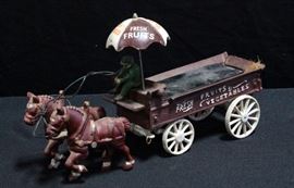 Cast-Iron Fresh Vegetables Horse-Drawn Wagon With Driver And Shade Umbrella