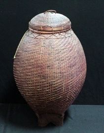 Woven Basket With Lid And Wood Base 25"H x 15" Dia.