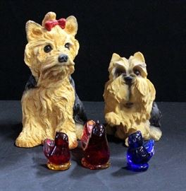 Dog Bank, Dog Figurine And Set of Titan Art Glass Colored Birds