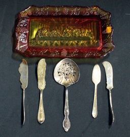 Colored Glass Tray With Image Of Last Supper, WM Rogers And Stratford Silver Plated Flatware (5) And More