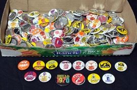 Assortment Of Collegiate Fan And Promotional Buttons Including Nebraska, Iowa, Auburn, Arizona, Vanderbilt, Texas And Others Contents Of Box