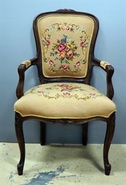 Needlepoint Upholstered Chair, Floral Pattern 23"W x 37.5"H x 19.5"D