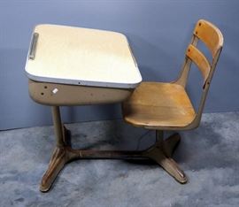 Vintage Child's School Desk And Chair, Lid Raises For Storage And Can Be Level Or At An Angle 23.75"W x 28"H x 32.5"D