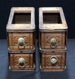 Sewing Drawers, 2 Sets Of 2 Drawers Each In Stands, Carved Floral Design and Metal Ring Pulls With Some Contents