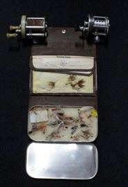 Shakespeare Wondereel No. 1921, Zebco Lurecast Reel Model 330 And Vintage K&L Common Sense Wet And Dry Fly Book With Flies