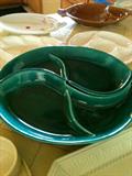 Vintage Cali USA ceramic trays, pots, relish trays, bowls, plates, and platters.