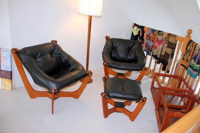 IMG Comfort Norway 2 Luna Sling Chairs & Ottoman. Teak with Black Leather Designed by Odd Knutsen. 2 MCM Style End Tables with Lamp.