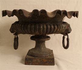 Antique Cast Iron Garden Urn with Lion Heads