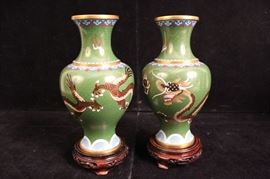 Pair Chinese Cloisonne Dragon Vases