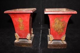 Pair Antique Tole Painted Flower Urns