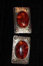 Pair NEZ Navajo Sterling & Amber Earrings
