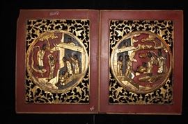 Pair Antique Chinese Carved and Gilded Panels