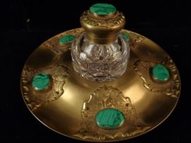 Antique Malachite and Gilt Bronze Ink Well Set