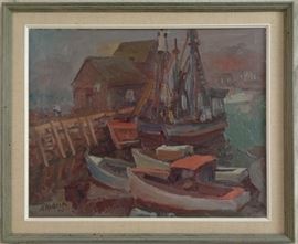 Anders Aldrin (1899-1970) Oil on Canvas of Boats at Dock titled "Rockport Cape Ann", 1945