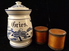 Blue and White Pottery and Wood Kitchen Containers