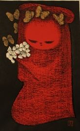 Kaoru Kawano "Girl with Flowers and Butterflies" Woodblock Print