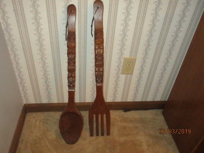 Large wood decorative spoon and fork