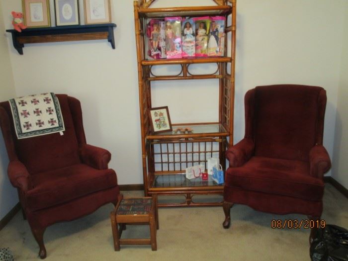 Bamboo Shelf and 2 matching wing back chairs