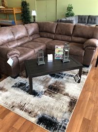 Leather Sectional Sofa, Coffee Table, Rug, & Decor