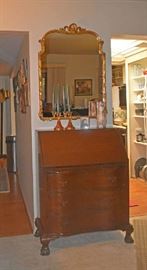Drop Leaf Desk, Carnival Glass Candle Sticks, Hand Painted Vase