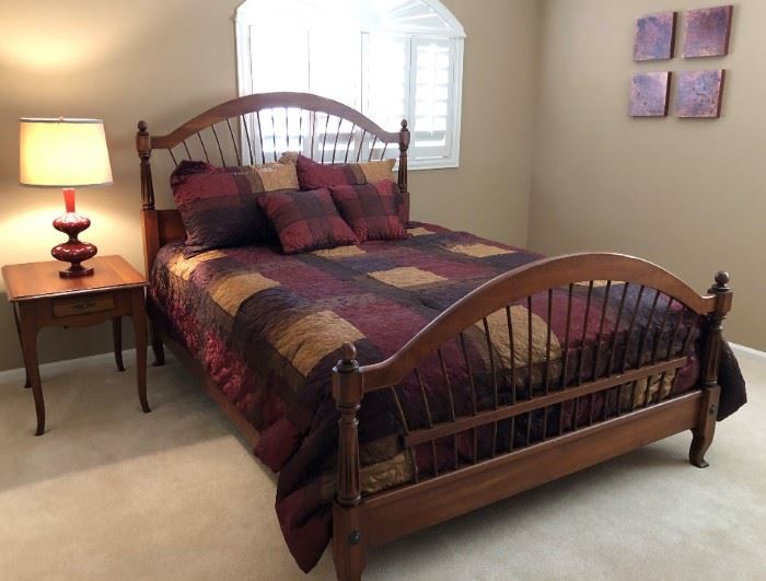 Wheatback Ethan Allen Queen Bed  
Rectangular End Table                                                             
Bombe Chest                                                                             
Table Lamps (1/2)                                                               
Bedding Set Queen                                                                 "Autumn Stone" Set/4 by Rick Hoath