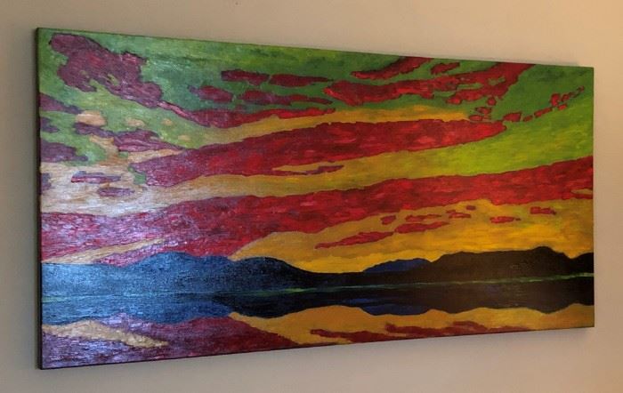 "Night at the Lake" (after Tom Thomson, Canadian Artist 1920's) Oil 30 x 60 Dark blue distant hills w green & red sky reflected in near lake by Rick Hoath
