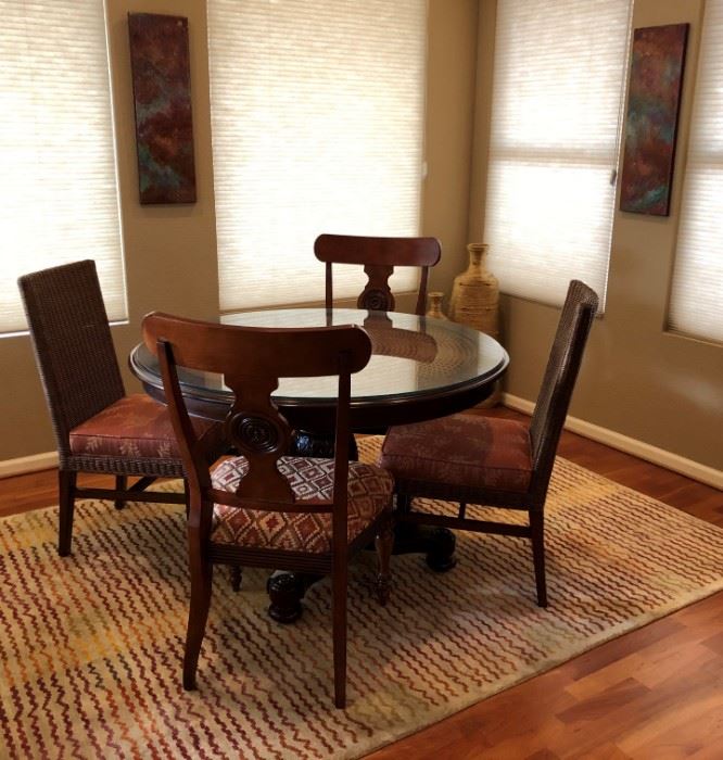 Ethan Allen Pedestal Dining Table w Cane Accent and Glass Top w/ 2 Woven Side Chairs and 2 Slipseat-Splatback Chairs                                                                         Area Rug                                                                                   Triptych "Mystic 1, 2 & 3"  Acrylic 10 x 30